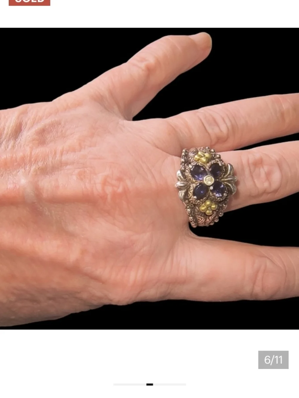Barbara Bixby Sz 10 Sterling Silver Floral Iolite Ring with 18k Gold Accents